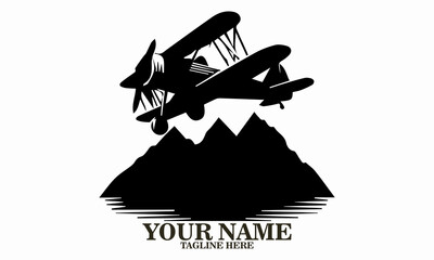 Airplane icon. Airplane logo design, airplane on a mountain vector illustration, small plane icon and small plane silhouette vector style