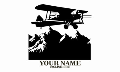 Airplane icon. Airplane logo design, airplane on a mountain vector illustration, small plane icon and small plane silhouette vector style