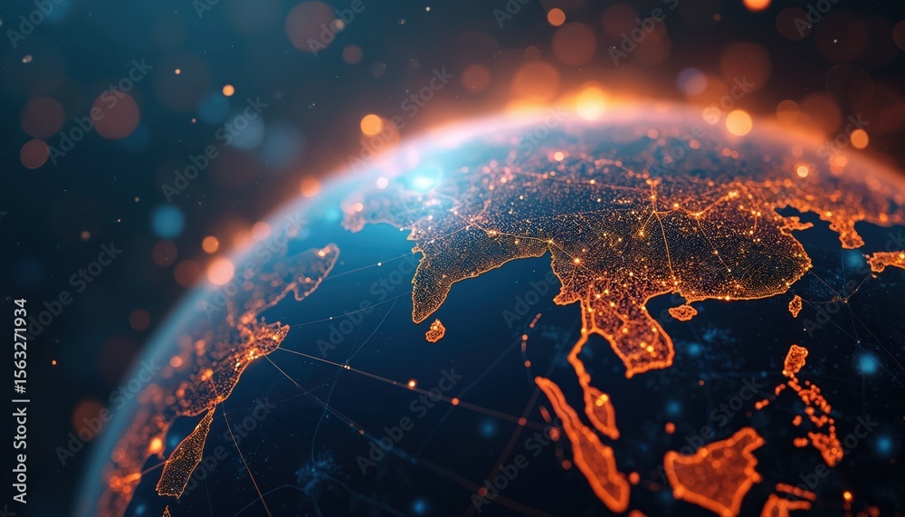 Aufkleber Global internet network connectivity concept map in 3d. Data transfer, digital communication, digital transformation. Worldwide network, global connection, high tech, ai, data center.