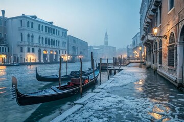 Serene Venice Canals at Dusk with Gondolas and Snowy Pathway