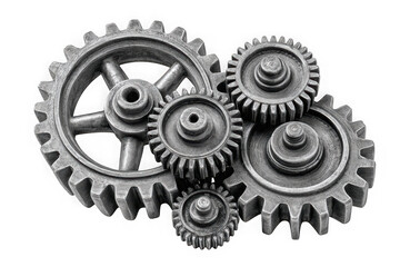 Intricate metal gears interlocking together in a mechanical arrangement isolated on transparent background