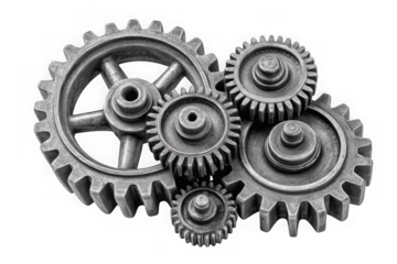 Intricate metal gears interlocking together in a mechanical arrangement isolated on transparent background