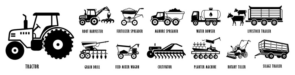 Obraz premium Agricultural machinery icon set with various equipment 