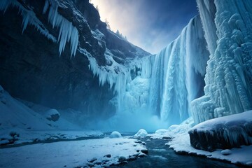 Majestic Frozen Waterfall Surrounded by Ice and Snowy Landscape