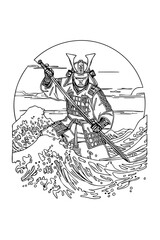 Samurai Warrior in Ocean Waves – Traditional Japanese Ink Line Art