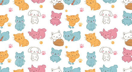Cute Cartoon Cat Dog and Paw Print Seamless Pattern