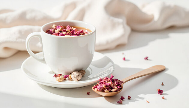 Herbal tea with dried rose petals in white cup and wooden spoon  