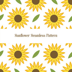 A cheerful and simple seamless pattern featuring stylized sunflowers and leaves on a white background.