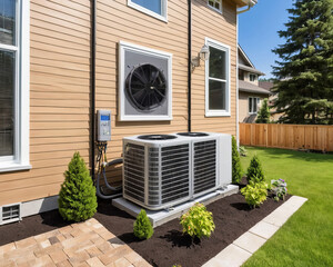 Heat pump in outdoors next to a modern home.