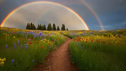 Vibrant wildflower field with double rainbow backdrop - Powered by Adobe