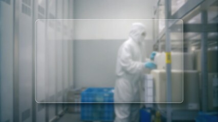 A person in full protective gear works in a sterile laboratory or cleanroom environment surrounded by equipment and storage containers.