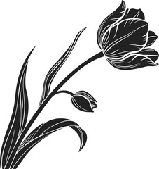 A stylized, black and white illustration of a tulip.