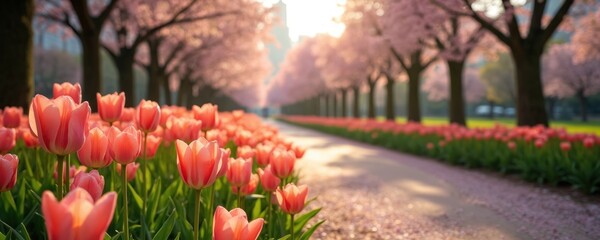 Scenic city park pathway blooms with spring tulips. Red flowers line the street, trees in blossom. Peaceful scenic sunlight, no people, serene. Blossom petals fall on the ground.
