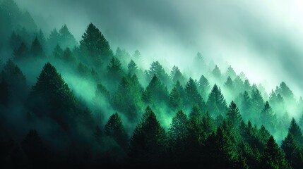 Lush forest shrouded in a misty atmosphere.