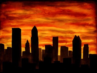 City silhouette at fiery sunset