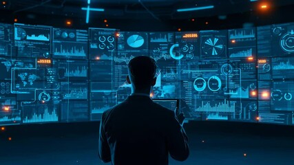 A businessman reviews data analytics displayed on a large futuristic screen filled with charts and graphs