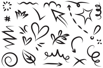 Assorted handdrawn black sketches including arrows hearts stars and abstract shapes on a white background