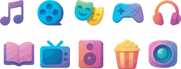 Collection of Colorful Pixel Art Icons Representing Various Entertainment and Media Forms