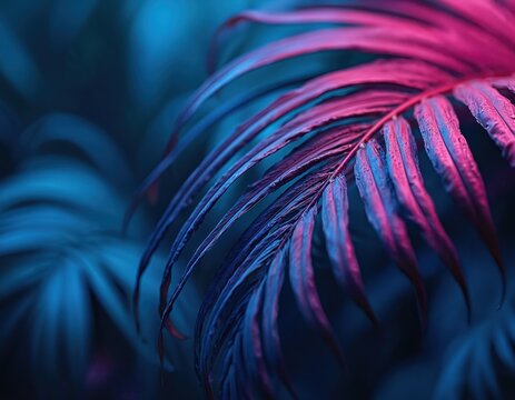 Tropical leaf with glowing blue, purple neon colors. Exotic jungle palm tree leaves illuminated with trendy party style, vibrant colours. Modern nature background, bright summer design, vertical view.