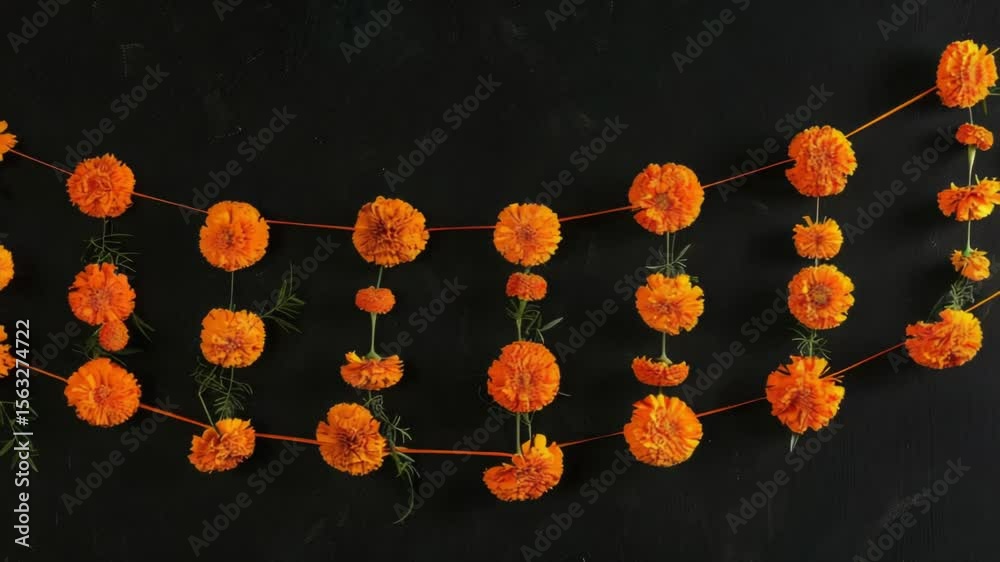 Poster A bunch of orange flowers suspended from a string, perfect for decorating or adding a pop of color to any setting