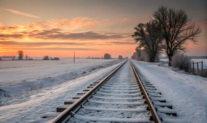 Fototapeta premium snow covered railway track in winter at sunset