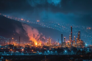 Glowing Night View of a City Refinery with Lights and Smoke Under a Dramatic Sky