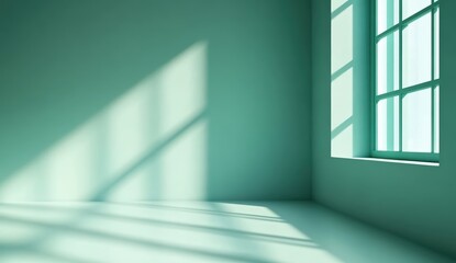 Obraz premium Sunlight streams through a window casting geometric shadows on the empty pastel green walls and floor of a minimalist room.