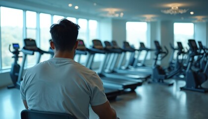 Man at gym looks at fitness machines. Person faces various equipment. Man is focused on workout. Gym interior, sports, cardio training. Fitness club, health, wellness.