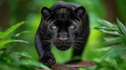 Black panther moving through lush green foliage in a dense jungle