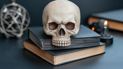 Decorative skull on stacked vintage books in a cozy setting