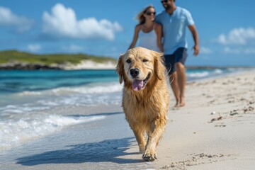 Dog walking on the beach with a couple, enjoying a leisurely stroll along the shore with the ocean as the perfect backdrop, Generative AI
