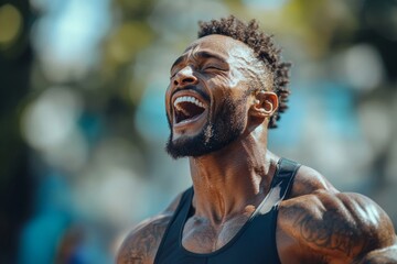 Muscular athlete shouting in joy, celebrating a personal achievement or victory during a fitness competition or athletic event, Generative AI