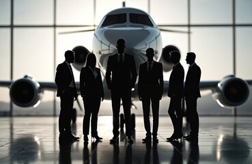Silhouettes of business people in front of aircraft. Group of professionals near private jet. Business travel, corporate flight, luxury journey. Successful team, partnership, leadership, aviation,