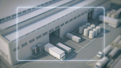 A modern industrial facility with loading docks, trucks, and storage tanks, depicted in a clean, digital style.