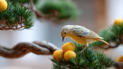 Fototapeta premium A small, vibrant bird perches on a bonsai tree, feasting on yellow fruit.