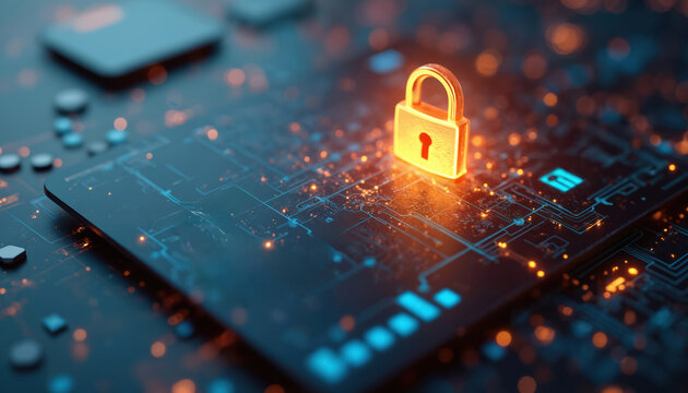 3D illustration secure digital cross border payment system concept. Padlock glows on top of circuit board, digital security for online banking, financial transactions. Cybersecurity, data protection