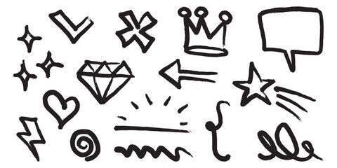 Black ink doodles of a star diamond heart crown arrow speech bubble and other symbols