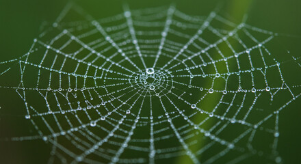 Obraz premium Spiderweb with Dew Drops: Intricate spiderweb glistening with morning dew, a delicate masterpiece of nature's artistry.