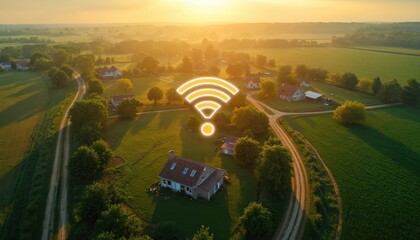 Aerial view of rural farmland with houses. Wi-fi symbol indicates internet connection. Agriculture, farming, broadband expansion investment, community, rural lifestyle, countryside, eco-friendly