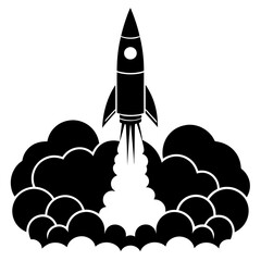 Black silhouette of a rocket launching with smoke and fire against a white background