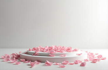 Minimalist white platform with pink rose petals. Ideal display for product presentation. Empty stage, showcase product. Clean background, soft colors, romantic feel. Empty space for text, ads.