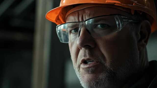 Construction Worker Close Up Hard Hat Safety Glasses Serious Face