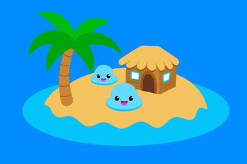 Cartoon Island With Palm Trees Crystal Blue Water