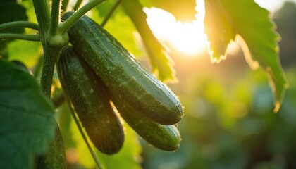 Ripe cucumbers grow on vine in sunlight. Fresh vegetables, healthy eating. Harvesting cucumbers from farm. Focus on organic food, local farm production, gardening and agriculture, natural food.
