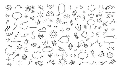 Black outline doodles show stars arrows speech bubbles flowers clouds sun diamonds hearts crowns and more