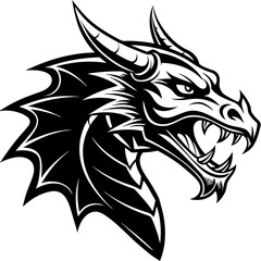 Fierce black and white dragon head with open mouth and sharp teeth