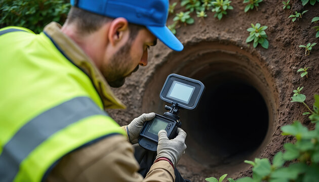 Worker inspects sewer line using camera. Man wears safety vest, hard hat. Utility service maintenance, infrastructure repair. Professional technician at job. Underground, pipe inspection.