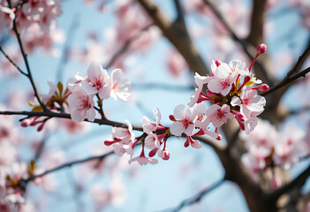 Fototapeta premium Cherry blossom tree blooming in spring with pink flowers and blue sky