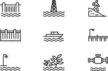 Fototapeta premium Water Infrastructure and Flood Protection Icons, Coastal Barriers, and Environmental Protection