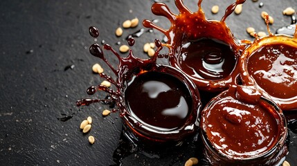 Soy sauce, barbecue sauce, and chocolate sauce splashing together with rich, glossy textures, isolated on a dark background
